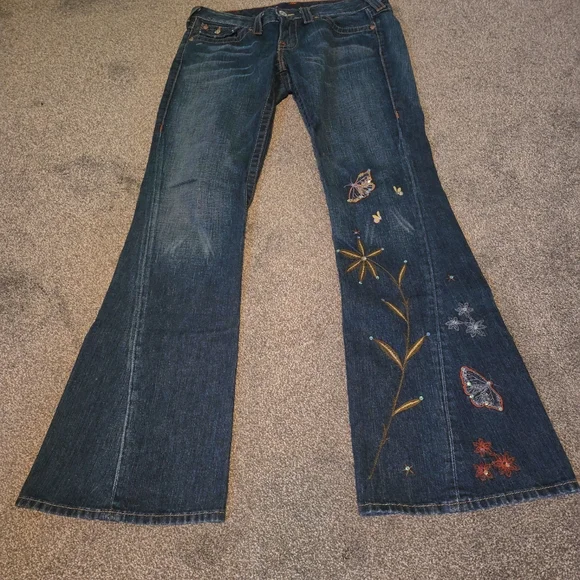 True Religion Dark Blue Flare Jeans with Embroidery - Picture 1 of 8
